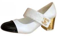 CHANEL Chunky Heel High Heels 6cm Women's White Black