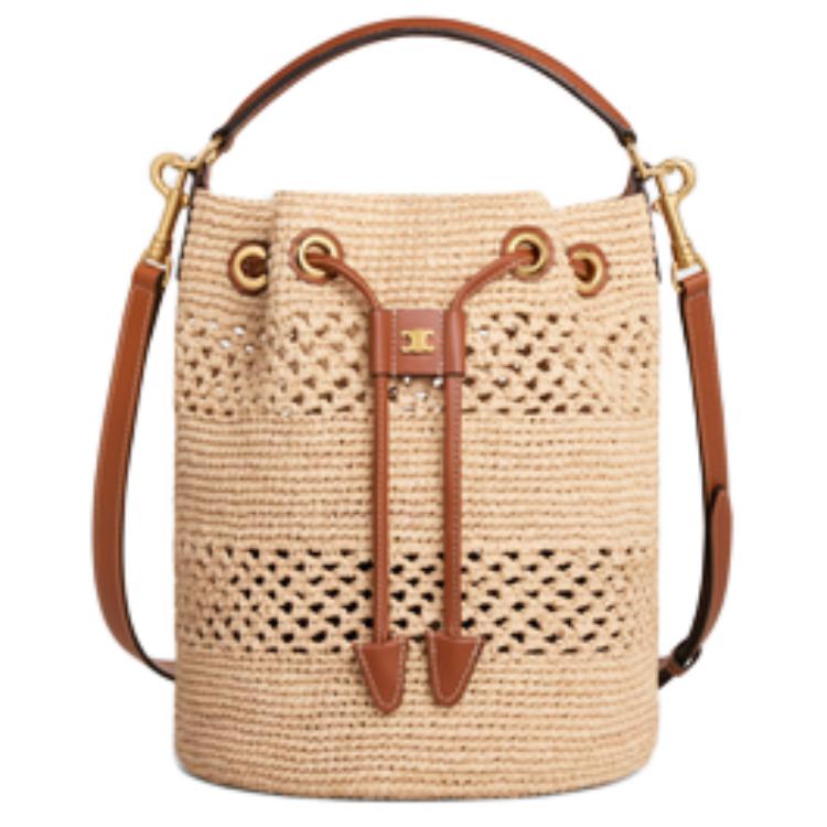 CELINE Raffia With Calfskin Shoulder Bag Crossbody Bag Handbag Women's Natural & Brown