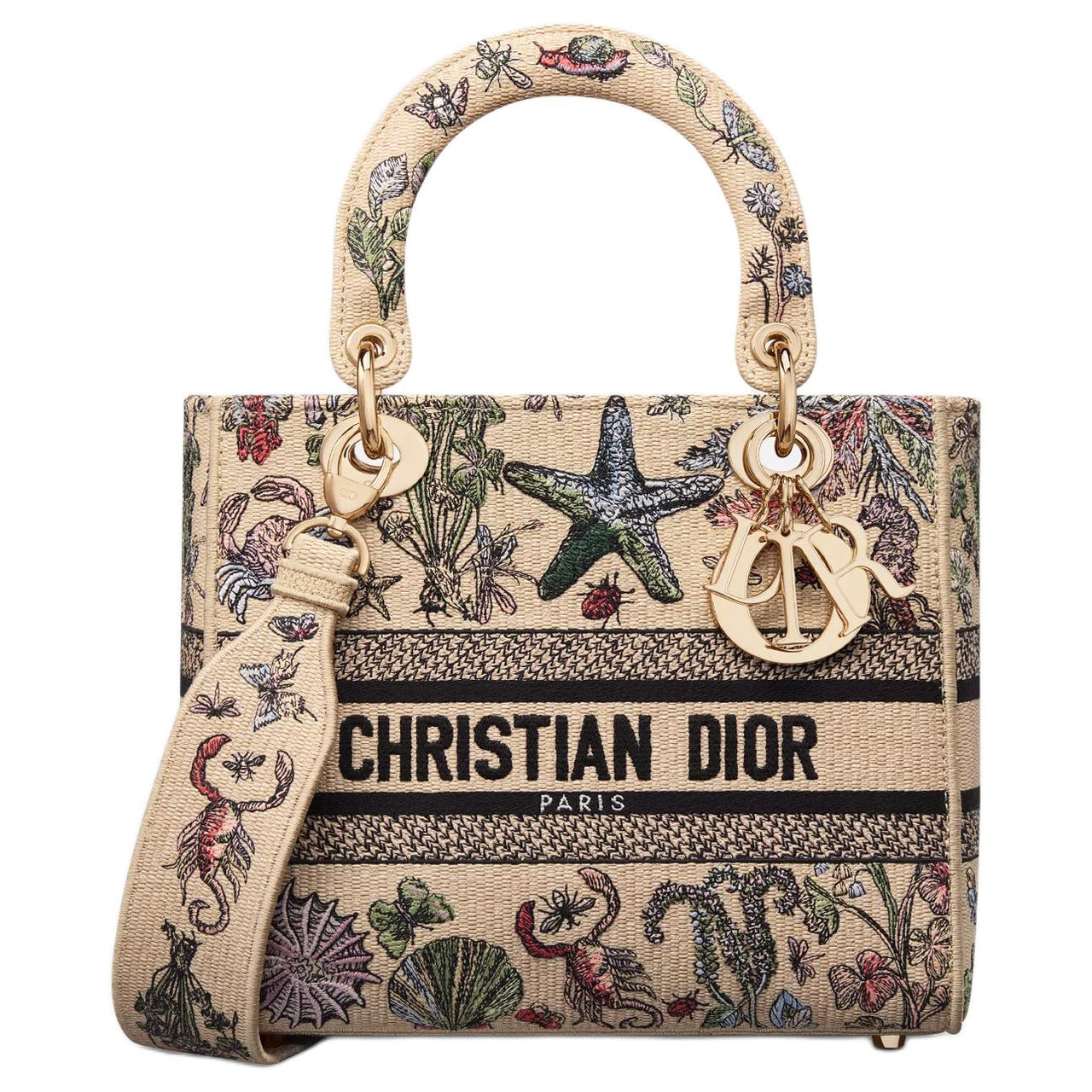 DIOR Lady D Lite Cotton Shoulder Bag, Crossbody Bag, Handbag Medium Size Women's Beige & Multicolor