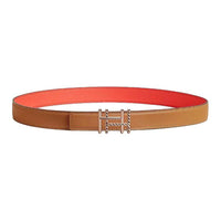 HERMES Calfskin Rose Gold-Plated Metal Leather Belts Women's Brown Width 2.4CM