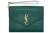 SAINT LAURENT CASSANDRE Crocodile Pattern Shiny Cow Leather Envelope Bag Clutches Women's Branch Green