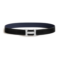 HERMES Calfskin, Stainless Steel, Rubber Leather Belts Women's Black/Blue Width 3.2cm