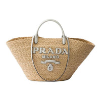 PRADA Raffia One Shoulder Handbags Large Size Women's Tan & White