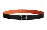 HERMES H-Shaped Lacquered Finish Brushed Smooth Buckle Leather Belts Men's Black/Orange Width: 3.2CM