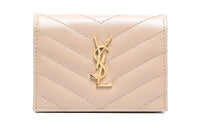 SAINT LAURENT Quilting Leather Card Holder Wallet Clip Women's Beige