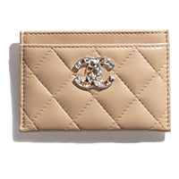 CHANEL Rhinestone-Studded Lambskin Card Holder Women's Dark Beige