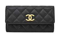 CHANEL Embossed Shiny Calfskin Wallet Women's Black