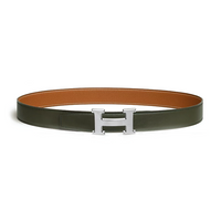 HERMES Calfskin Metal Leather Belts Men's Brown/Green Width: 3.2CM