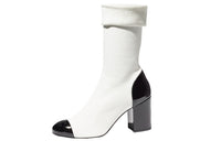 CHANEL Cc 80mm Ankle Boots White Black Knit Women's