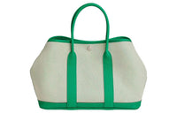 HERMES Garden Canvas With Leather Handbag Women's Light Beige/Mint Green
