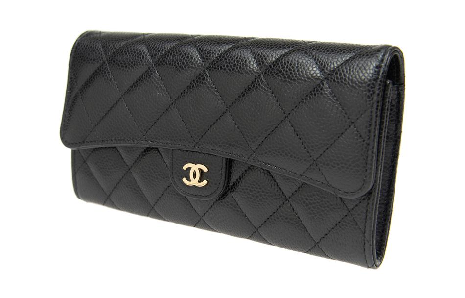 CHANEL Beaded Embossed Calfskin With Metal Accents Card Holder Wallet Women's Black