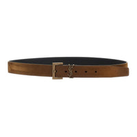 SAINT LAURENT Suede Metal Leather Leather Belts Men's Brown Width: 3CM