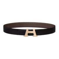HERMES Logo Sign Calfskin Brass Metal Leather Belts Men's Black Width 3.2CM