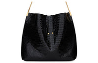 SAINT LAURENT Crocodile Pattern Stamped Leather Hobo Bag Shoulder Bag Crossbody Bag Medium Size Women's Black