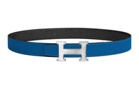 HERMES Trendy Individual Silver Buckle Epsom Calfskin Belt Men's Blue Width: 3.2cm