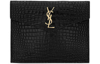 SAINT LAURENT UPTOWN Crocodile Pattern Embossed Leather Envelope Clutch Small Size Women's Black