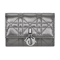 DIOR Wicker Pattern Calfskin Wallet Women's Metal Silver