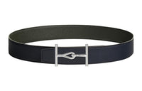 HERMES Elegant Silver Buckle Togo Calfskin Double-Sided Leather Belt Men's Blue Width: 3.8cm