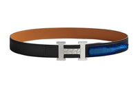 HERMES 5382 Gourmette Double-Sided Silver Buckle Swift Calfskin Belt Unisex Black/Multicolor Width: 3.2cm