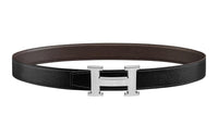 HERMES Letter H Silver Buckle Togo Calfskin Double-Sided Leather Belt Women's Black Width: 3.2cm