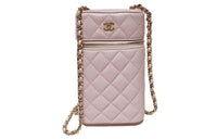 CHANEL Leather Shoulder Bag Crossbody Bag Cell Phone Pouch Women's Pink