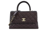 CHANEL COCO Handle Calfskin Flap Bag, One Shoulder Handbag Women's Dark Brown