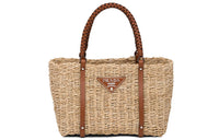 PRADA Cow Leather And Straw Handbag Unisex Beige