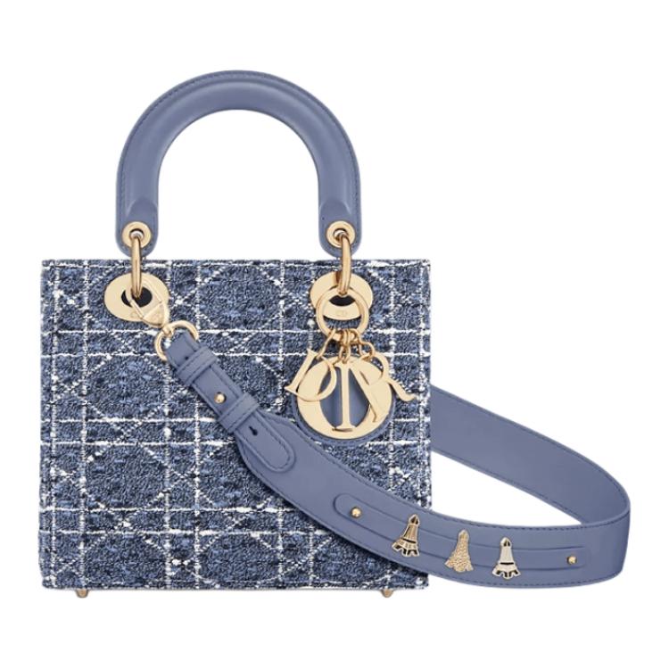 DIOR Lady Dior Rattan Plaid Shoulder Bag Crossbody Bag Handbag Small Size Women's Denim Blue
