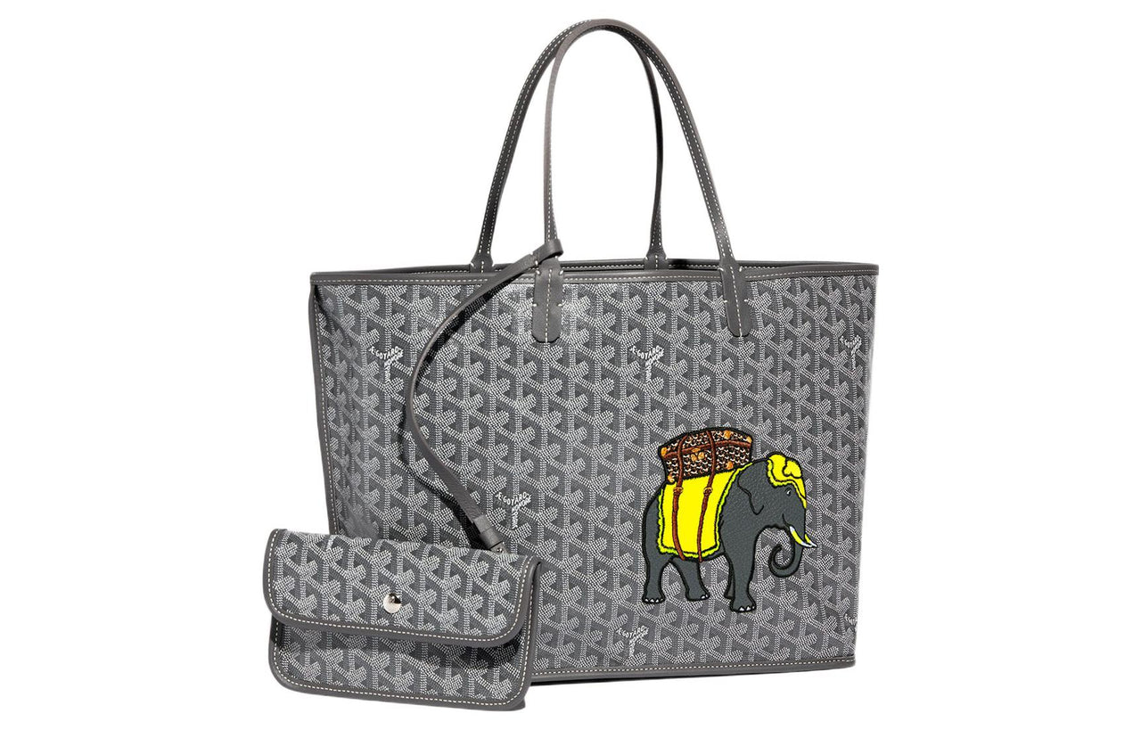 GOYARD Anjou Calfskin Canvas Tote Bag Shopping Bag Handbag Small Size Women's Gray/Yellow