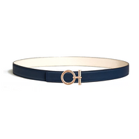HERMES Calfskin Rose Gold-Plated Metal Leather Belts Women's Blue/White Width 2.4CM