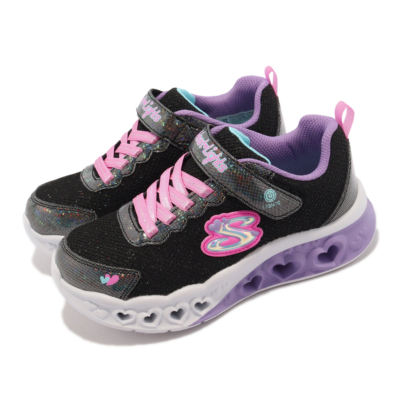 (PS) Skechers Flutter Heart Lights 'Black Purple Pink' 302317-LBKMT