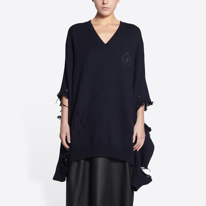 Balenciaga Destroyed V-Neck Knit Sweater 'Navy' 696091T16420414
