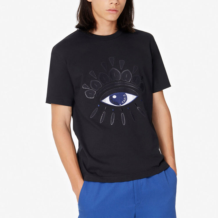 Men's KENZO Eye Embroidered Pattern Cotton Round Neck Short Sleeve Black FA5-5TS086-4YM-99