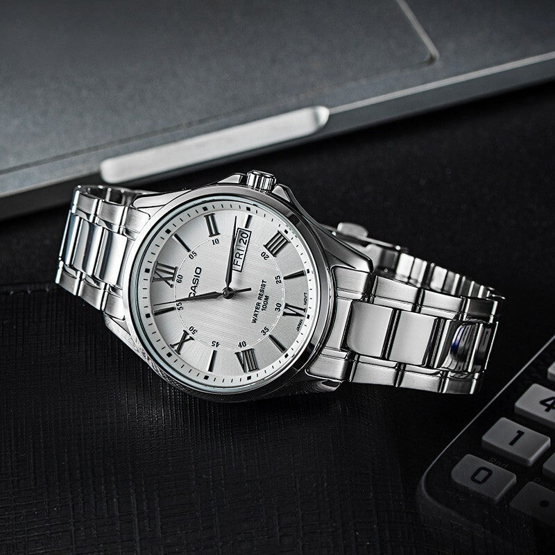 CASIO Waterproof Stainless Steel Strap Quartz Mens Silver Analog MTP-1384D-7A
