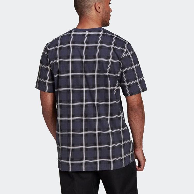 Men's adidas Plaid Casual Round Neck Pullover Short Sleeve Japanese Version Blue T-Shirt HC9495