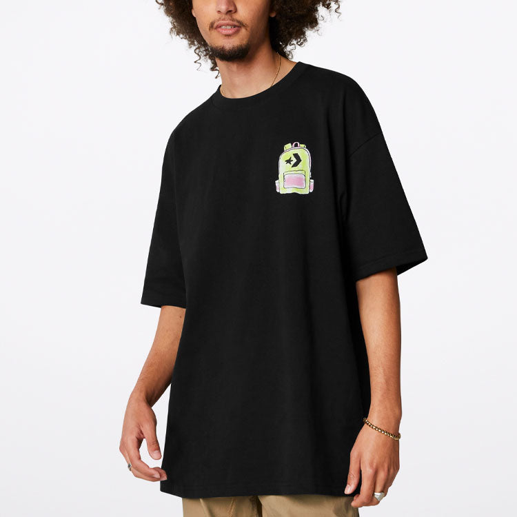 Converse Back Graffiti Cartoon Printing Loose Casual Round Neck Short Sleeve Black 10022038-A04