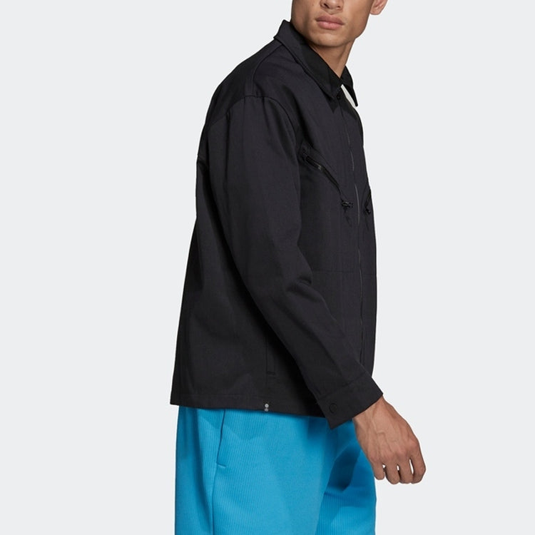 Men's adidas originals Logo Embroidered Solid Color Lapel Long Sleeves Sports Black Jacket HC4540