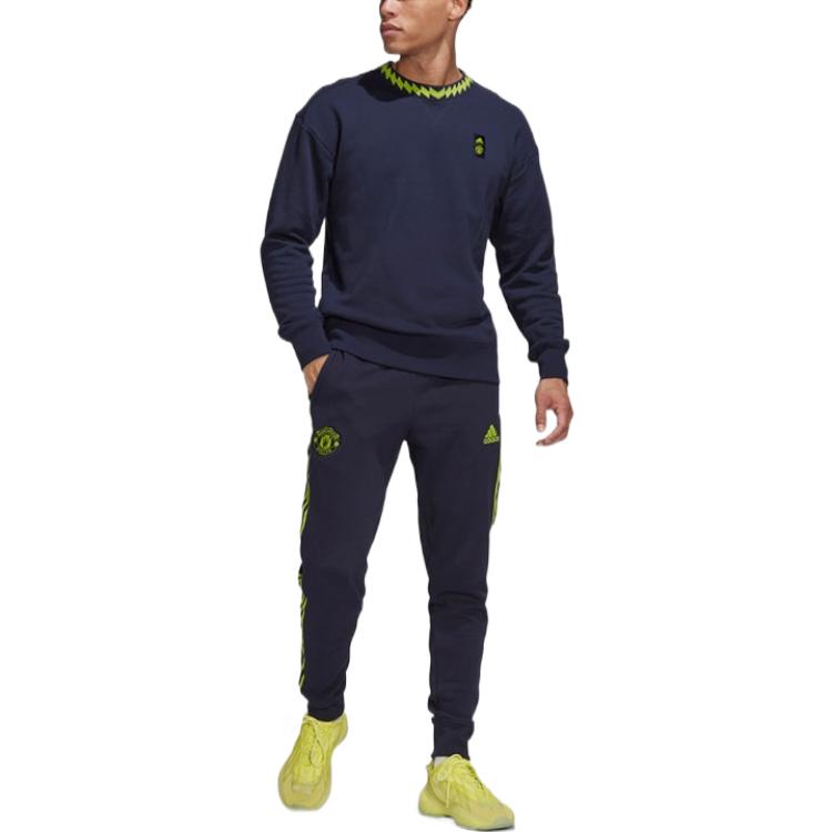 Men's adidas Solid Color Logo Athleisure Casual Sports Pullover Round Neck Blue HE6652