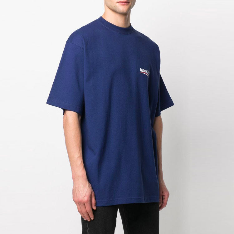 Men's Balenciaga Political Campaign Printing Large Version Short Sleeve Navy Blue 641675TIV521195