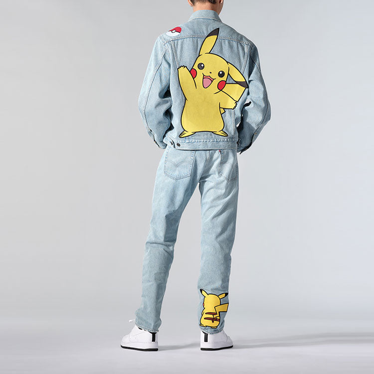 Men's Levis x Pokmon Crossover Pikachu Embroidered Cartoon Denim Jacket Cartoon Denim 77380-0040