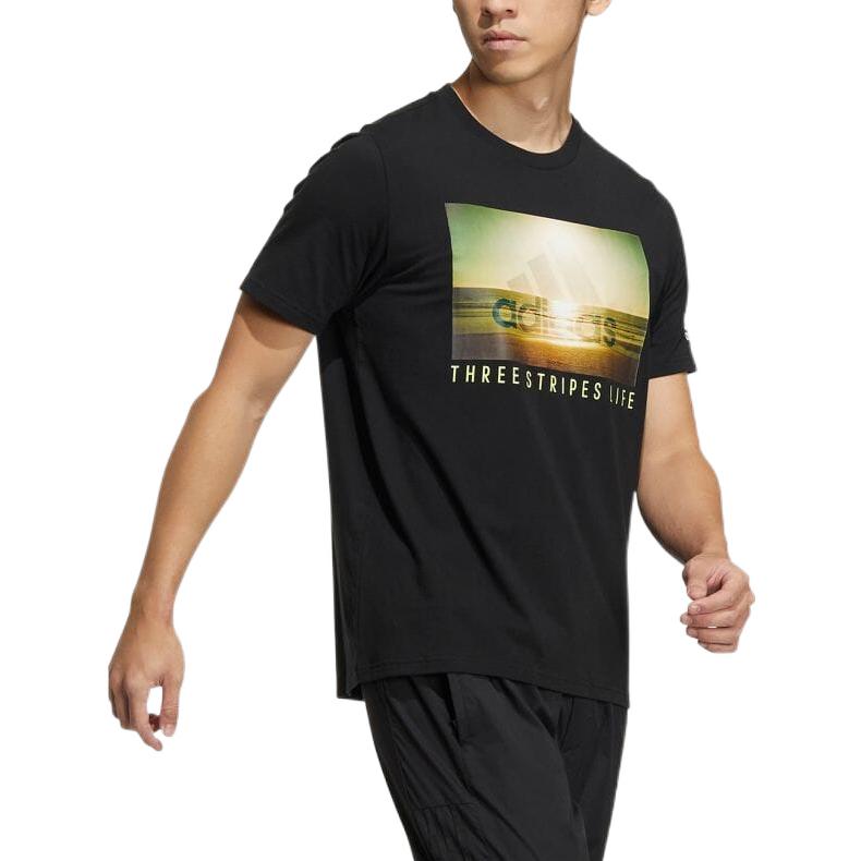 adidas Logo Sunset Printing Round Neck Short Sleeve Black HN0402