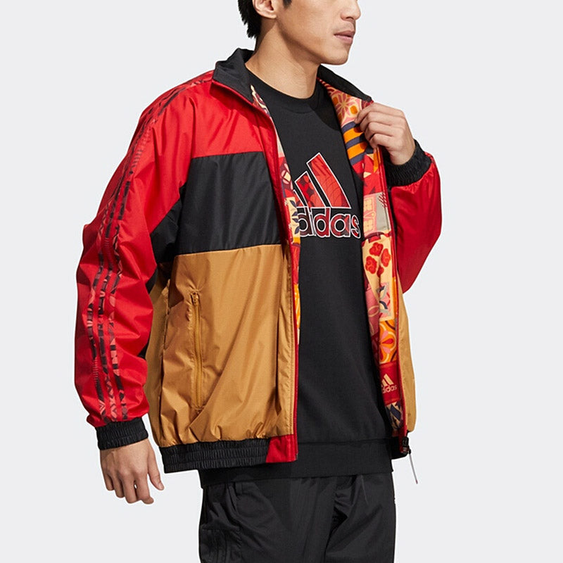 adidas Stripe Colorblock Logo Printing Reversible Jacket Red HI3284