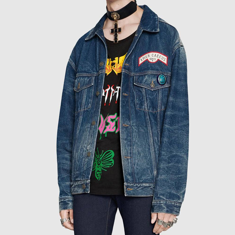 Gucci Sticker Oversized Denim Jacket For Men Navy 475024-XDAAT-4206