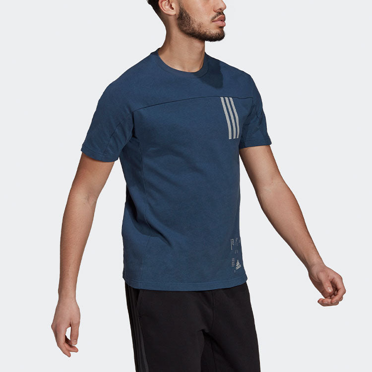 adidas Th Tee Dry Silo Reflective Stripe Knit Sports Short Sleeve Navy Blue GU1760