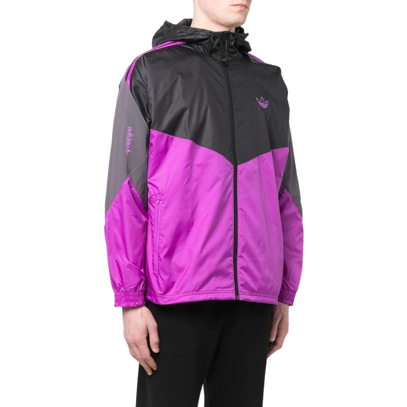 Men's adidas originals Logo Embroidered Zipper Drawstring Hooded Purple Windbreaker HE4711