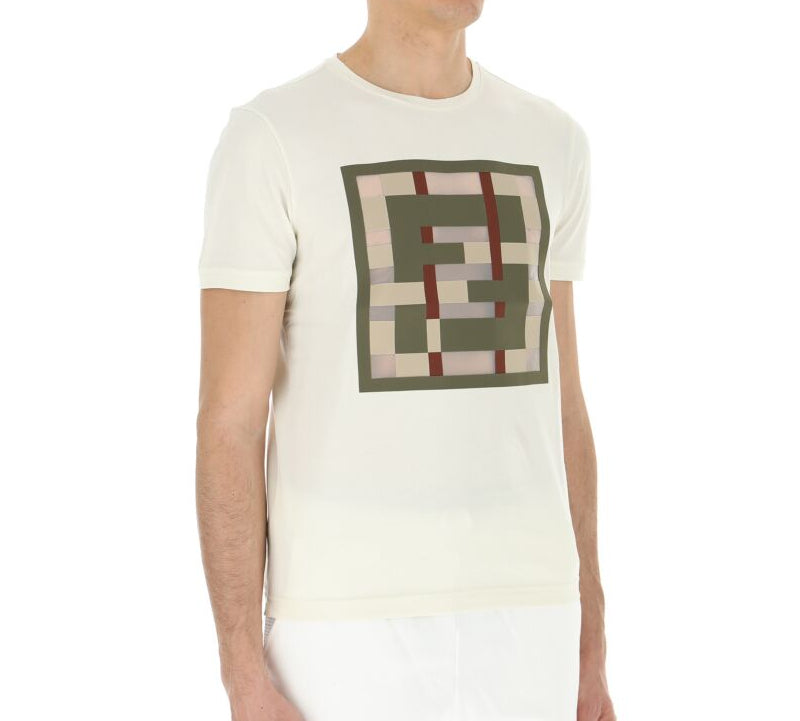 Men's FENDI FF Geometry Pattern Cotton Round Neck Short Sleeve White FY0894ABQY-F0QG1