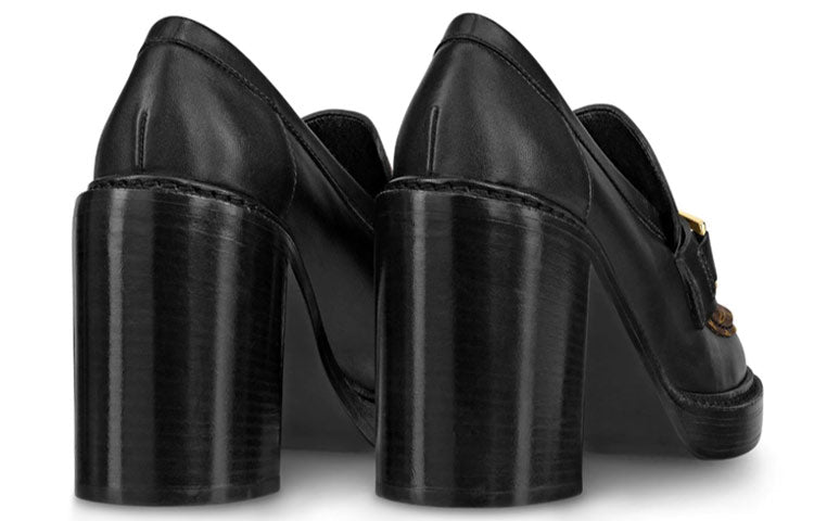 (WMNS) LOUIS VUITTON Academy Heeled Loafers 'Black with Brown Monogram' 1A86LV