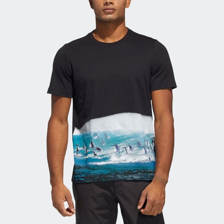 adidas Landscape Pattern Printing Round Neck Pullover Short Sleeve Black T-Shirt HE5193