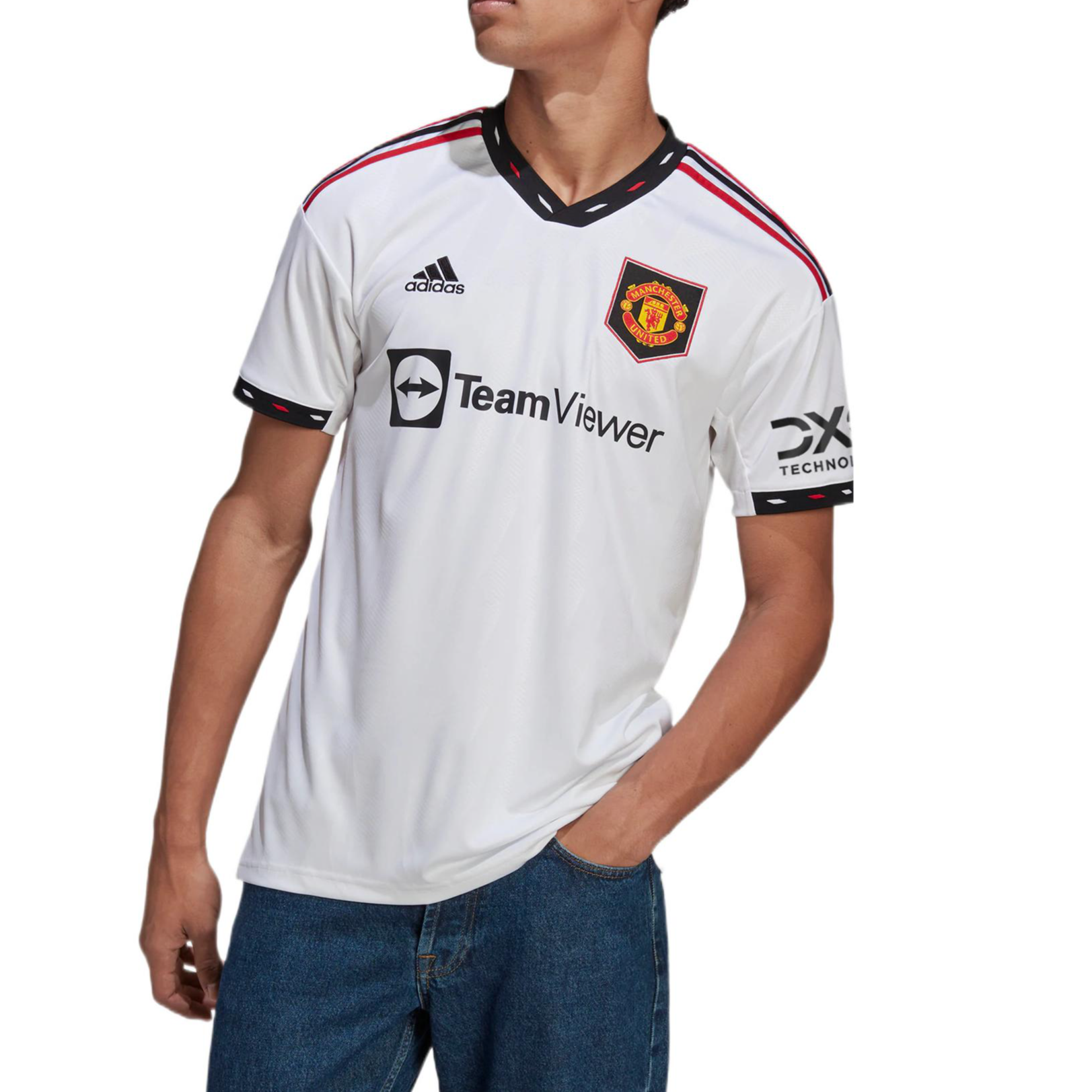 adidas Manchester United Fan Edition Soccer/Football V neck Stripe Logo Short Sleeve White H13880