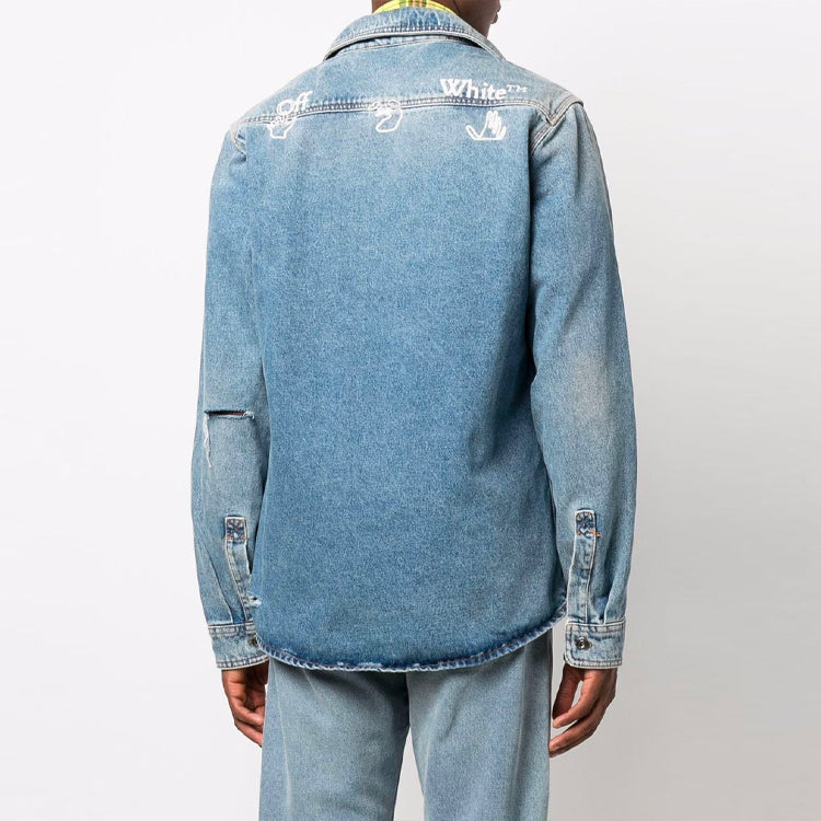 Men's Off-White FW21 Casual Distress Denim Long Sleeves Loose Fit Blue Shirt OMYD030F21DEN0014101